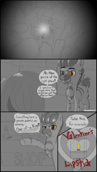 Size: 2160x3840 | Tagged: safe, artist:mranthony2, derpibooru import, oc, oc only, oc:lemon bounce, pegasus, zebra, comic:valentine's lipstick, camp, campfire, comic, dialogue, grayscale, lipstick, monochrome, shop