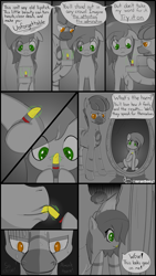 Size: 2160x3840 | Tagged: safe, artist:mranthony2, derpibooru import, oc, oc only, oc:lemon bounce, pegasus, zebra, comic:valentine's lipstick, comic, dialogue, evil smile, grayscale, lips, lipstick, mirror, monochrome, smiling