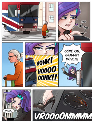 Size: 1800x2400 | Tagged: safe, artist:ilacavgbmjc, derpibooru import, rarity, human, equestria girls, g4, britain, british, bus, clothes, comic, comic page, crossover, driving, great britain, high heels, honk, humanized, london, old lady, pedal, revving, road rage, seat, shoes, solo, spice girls, spice world, steering wheel, stiletto heels, united kingdom