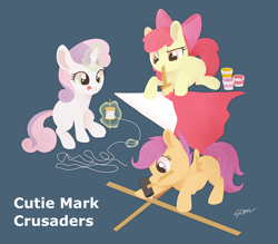 Size: 1600x1400 | Tagged: safe, artist:sion, derpibooru import, apple bloom, scootaloo, sweetie belle, earth pony, pegasus, pony, unicorn, g4, blank flank, blue background, cutie mark crusaders, dark blue background, female, filly, foal, glowing, glowing horn, hammer, horn, kite, levitation, magic, mouth hold, paint, paintbrush, signature, simple background, telekinesis, text