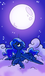 Size: 1848x3131 | Tagged: safe, artist:smirk, derpibooru import, princess luna, cloud, ears back, ethereal mane, missing accessory, moon, sad, solo, stars