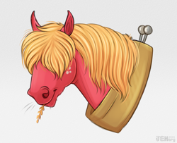 Size: 2462x2000 | Tagged: safe, artist:jenery, derpibooru import, big macintosh, earth pony, pony, g4, bust, gray background, hair over eyes, hoers, simple background, solo, straw in mouth