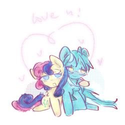 Size: 1600x1600 | Tagged: safe, artist:yeyeyeyeyeye05874, derpibooru import, bon bon, lyra heartstrings, sweetie drops, earth pony, pony, unicorn, female, horn, lesbian, lyrabon, shipping