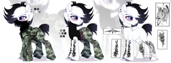 Size: 7468x2782 | Tagged: safe, artist:shallarts, derpibooru import, oc, oc only, oc:inky needle, earth pony, pony, blank flank, camouflage, clothes, ear piercing, earring, emo, eyebrow piercing, face mask, freckles, hoodie, jewelry, lip piercing, male, mask, nose piercing, pants, piercing, reference sheet, snake bites, solo, stallion, sweatpants, tanktop, tattoo, unshorn fetlocks