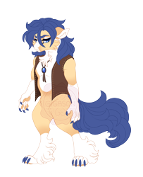 Size: 3500x4300 | Tagged: safe, artist:gigason, derpibooru import, oc, oc only, oc:cowboy, abyssinian, anthro, digitigrade anthro, hybrid, g4, blaze (coat marking), blue eyes, blue hair, blue tail, bushy tail, cheek fluff, clothes, coat markings, colored belly, colored claws, colored ears, colored eyebrows, colored muzzle, colored paw pads, colored pinnae, ear fluff, ears, eye markings, facial markings, floppy ears, fluffy hair, high res, hybrid oc, interspecies offspring, long hair, long hair male, magical gay spawn, male, male oc, narrowed eyes, obtrusive watermark, offspring, pale muzzle, parent:capper dapperpaws, parent:oc, parent:oc:amathos, parents:canon x oc, simple background, slit eyes, socks (coat marking), solo, standing, tail, thick eyebrows, transparent background, unshorn fetlocks, vest, wall of tags, watermark, white muzzle, yellow fur