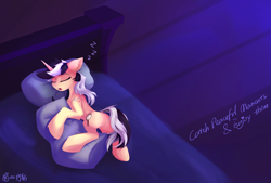 Size: 2400x1621 | Tagged: safe, artist:行豹cheetahspeed, derpibooru import, oc, oc only, oc:autumn trace, pony, unicorn, bed, black and white mane, cute, eyes closed, female, horn, hug, light, lying down, mare, moonlight, night, on bed, open mouth, orange eyes, peaceful, pillow, pillow hug, sexy, sleeping, solo, tail, two toned mane, two toned tail, yellow skin