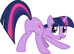 Size: 3549x2595 | Tagged: safe, alternate version, artist:porygon2z, derpibooru import, twilight sparkle, unicorn twilight, pony, unicorn, a canterlot wedding, g4, ass up, butt, featureless crotch, female, horn, looking back, mare, open mouth, open smile, plot, raised tail, rear view, simple background, smiling, solo, tail, transparent background, vector