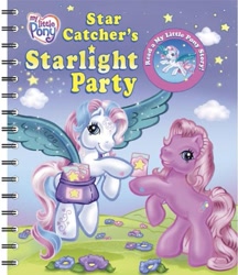 Size: 431x500 | Tagged: safe, derpibooru import, pinkie pie (g3), star catcher, earth pony, pegasus, pony, g3, bipedal, book, book cover, card, cloud, cover, duo, duo female, female, flower, flying, invitation, mare, my little pony: star catcher's starlight party, official, outdoors, rearing, smiling, spread wings, tail, wings