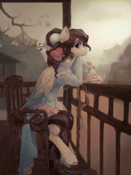 Size: 3785x5042 | Tagged: safe, artist:rvsd, derpibooru import, oc, oc only, pegasus, pony, absurd file size, absurd resolution, chair, cherry blossoms, china, clothes, commission, dress, flower, flower blossom, flower in hair, looking at you, pegasus oc, side view, sitting, solo