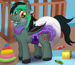 Size: 3500x3039 | Tagged: safe, artist:sweetielover, derpibooru import, oc, oc only, oc:target strike, bat pony, hybrid, pegabat, pegasus, pony, bandana, bedroom, carpet, commission, crayon, crib, cube, diaper, diaper fetish, diapered, double diaper, fetish, folded wings, heterochromia, high res, male, non-baby in diaper, piercing, poofy diaper, rug, solo, toy, white diaper, wings