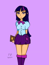 Size: 1620x2160 | Tagged: safe, artist:funnypancake, derpibooru import, twilight sparkle, human, g4, anime, anime style, book, boots, clothes, high heel boots, humanized, purple background, shirt, shoes, simple background, skirt, solo