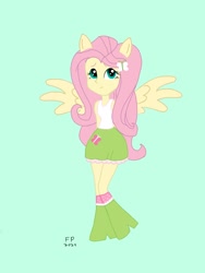 Size: 1620x2160 | Tagged: safe, artist:funnypancake, derpibooru import, fluttershy, human, pegasus, equestria girls, g4, boots, clothes, green background, high heel boots, ponied up, shirt, shoes, simple background, skirt, socks, solo