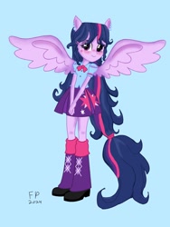 Size: 1620x2160 | Tagged: safe, artist:funnypancake, derpibooru import, twilight sparkle, human, equestria girls, g4, blue background, boots, clothes, high heel boots, ponied up, shirt, shoes, simple background, skirt, solo