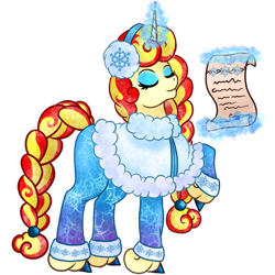 Size: 450x450 | Tagged: safe, artist:mesuyoru, derpibooru import, oc, oc only, oc:miss libussa, pony, unicorn, g4, ambassador, blue eyeshadow, blue hooves, braid, braided tail, clothes, czequestria, czequestria 202x, earmuffs, eyes closed, eyeshadow, female, female oc, horn, levitation, magic, makeup, mare oc, pony oc, raised hoof, raised leg, scroll, simple background, solo, tail, telekinesis, transparent background, unicorn oc, winter outfit