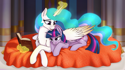 Size: 7180x4040 | Tagged: safe, artist:dacaoo, derpibooru import, princess celestia, twilight sparkle, twilight sparkle (alicorn), alicorn, pony, g4, absurd resolution, castle, chest fluff, colored wings, crossed legs, duo, duo female, female, glowing, glowing mane, glowing tail, leg fluff, lidded eyes, looking at someone, lying down, magic, missing accessory, momlestia, open mouth, open smile, photo album, prone, smiling, tail, telekinesis, widescreen, wing blanket, winghug, wings