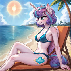 Size: 2400x2400 | Tagged: safe, ai content, derpibooru import, generator:pony diffusion v6 xl, generator:stable diffusion, machine learning generated, princess flurry heart, alicorn, anthro, series:flurry-slut, g4, beach, beach chair, bikini, bush, chair, clothes, cloud, horn, looking forward, ocean, older, older flurry heart, palm tree, prompter:infernum, sitting, sky, solo, sun, swimsuit, tree, water, wings