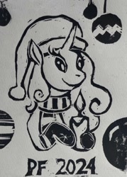 Size: 1072x1500 | Tagged: safe, artist:cwossie, derpibooru import, oc, oc only, oc:miss libussa, pony, unicorn, 2024, black and white, candle, female, female oc, grayscale, hat, hoof hold, horn, mare oc, monochrome, new year, pony oc, solo, traditional art, unicorn oc