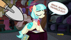 Size: 1280x720 | Tagged: safe, derpibooru import, edit, screencap, coco pommel, earth pony, g4, made in manehattan, brick, brick booty, discovery family, discovery family logo, fetish, forced meme, logo, meme, solo, speech bubble, trowel