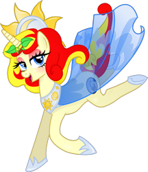 Size: 389x450 | Tagged: safe, artist:aya yai, derpibooru import, oc, oc only, oc:miss libussa, pony, unicorn, g4, blue eyes, clothes, dress, eyeshadow, female, female oc, hoof shoes, horn, makeup, mare, mare oc, moon, open mouth, open smile, pink eyeshadow, pony oc, running, simple background, smiling, solo, standing, standing on one leg, sun, transparent background, unicorn oc