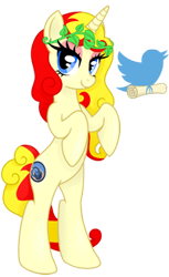 Size: 200x327 | Tagged: safe, artist:misslibussa, derpibooru import, oc, oc only, oc:miss libussa, pony, unicorn, g4, bipedal, eyeshadow, female, female oc, horn, logo, looking at you, makeup, mare oc, meta, pink eyeshadow, pony oc, scroll, simple background, smiling, smiling at you, solo, transparent background, twitter, unicorn oc, wreath