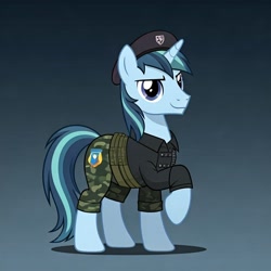 Size: 1024x1024 | Tagged: safe, ai content, derpibooru import, machine learning generated, shining armor, pony, unicorn, beret, clothes, cosplay, costume, flint, g.i. joe, generator:google imagen 3.0, gradient background, hat, horn, male, military uniform, prompter:zerowinger, solo, stallion, uniform