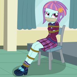 Size: 2000x2000 | Tagged: safe, artist:nie-martw-sie-o-mnie, derpibooru import, part of a set, sunny flare, human, equestria girls, g4, bondage, bound and gagged, chair, cloth gag, clothes, crystal prep academy uniform, female, femsub, gag, rope, rope bondage, school uniform, shoes, sitting, skirt, socks, solo, submissive