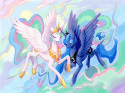 Size: 1200x898 | Tagged: safe, artist:fleebites, derpibooru import, princess celestia, princess luna, alicorn, pony, g4, duo, female, flying, hoof shoes, jewelry, mare, peytral, regalia, spread wings, wings