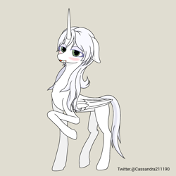 Size: 2000x2000 | Tagged: source needed, safe, artist:cassandra211190, derpibooru import, oc, oc only, oc:κασσάνδρα, alicorn, pony, alicorn oc, bipedal, blushing, colored eyelashes, cute, cute little fangs, ears back, eye clipping through hair, fangs, female, folded wings, food on face, gray background, horn, implied eating, implied theft, mare, purple eyelashes, simple background, slender, solo, standing, thin, tongue, tongue out, wings