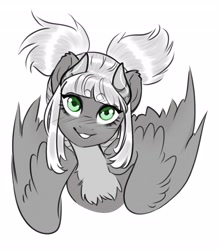 Size: 3582x4096 | Tagged: safe, artist:opalacorn, derpibooru import, oc, oc only, oc:chocolate muffin, pegasus, pony, beanbrows, chest fluff, eyebrows, eyebrows visible through hair, female, grayscale, grin, horns, large wings, looking at you, mare, monochrome, partial color, simple background, smiling, smiling at you, solo, white background, wings