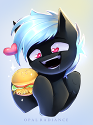 Size: 2228x3000 | Tagged: safe, artist:opal_radiance, derpibooru import, oc, oc only, oc:midnight lancer, pegasus, pony, burger, food, gradient background, hay burger, heart, heart eyes, solo, wingding eyes