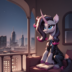 Size: 1024x1024 | Tagged: safe, ai content, derpibooru import, generator:pony diffusion v6 xl, generator:stable diffusion, machine learning generated, oleander, unicorn, them's fightin' herds, g4, balcony, book, city, clothes, community related, female, horn, mare, prompter:thelight3d, solo, window