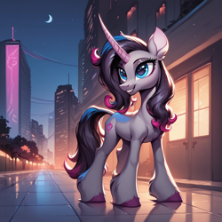 Size: 1024x1024 | Tagged: safe, ai content, derpibooru import, generator:pony diffusion v6 xl, generator:stable diffusion, machine learning generated, oleander, unicorn, them's fightin' herds, g4, city, community related, female, horn, mare, moon, prompter:thelight3d, solo