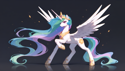 Size: 3840x2176 | Tagged: safe, ai content, derpibooru import, generator:stable diffusion, machine learning generated, princess celestia, alicorn, pony, g4, concave belly, ethereal mane, ethereal tail, female, full body, generator:tponynai3, horn, long horn, long mane, long tail, mare, pose, prompter:truekry, raised hoof, raised leg, reflection, slender, solo, sparks, spread wings, tail, thin, wallpaper, wings