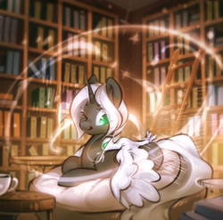 Size: 2600x2571 | Tagged: safe, artist:mirroredsea, derpibooru import, oc, oc only, phoenix, pony, unicorn, book, bookshelf, duo, female, horn, ladder, library, lying down, magic, mare, on back, one eye closed, prone, smiling, solo, spread wings, wings