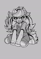 Size: 1431x2048 | Tagged: safe, derpibooru import, oc, oc only, oc:ninny, semi-anthro, bowtie, clothes, female, fluffy hair, grayscale, kneeling, mare, monochrome, necktie, overalls, sitting, smiling, socks, solo