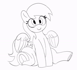 Size: 2048x1880 | Tagged: safe, artist:pabbley, derpibooru import, derpy hooves, pegasus, pony, g4, black and white, cute, derpabetes, female, frog (hoof), grayscale, looking at you, mare, monochrome, simple background, sitting, smiling, smiling at you, solo, underhoof, white background