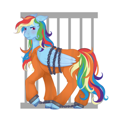 Size: 3500x3500 | Tagged: safe, artist:spell.bound.art, derpibooru import, rainbow dash, blushing, clothes, commissioner:rainbowdash69, cuffed, cuffs, never doubt rainbowdash69's involvement, prison outfit, prisoner, prisoner rd, shackles, simple background, solo, white background