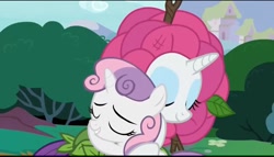 Size: 1440x821 | Tagged: safe, derpibooru import, screencap, rarity, sweetie belle, pony, unicorn, forever filly, g4, season 7, cute, diasweetes, duo, eyes closed, eyeshadow, female, flower costume, flowerity, heartwarming, horn, hug, makeup, primal, raribetes, sibling love, siblings, sisterly love, sisters, smiling