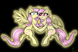 Size: 5990x4000 | Tagged: safe, artist:twinky, derpibooru import, fluttershy, bat pony, pegasus, pony, g4, bat ponified, bat wings, chest fluff, duality, ear fluff, ears, female, flutterbat, mare, race swap, self paradox, self ponidox, space, spread wings, wings