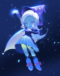 Size: 1101x1396 | Tagged: safe, artist:alba_pura, derpibooru import, trixie, human, equestria girls, g4, cape, clothes, female, glowing, hand on breasts, hat, looking at you, open mouth, open smile, raised arm, smiling, smiling at you, solo, trixie's cape, trixie's hat