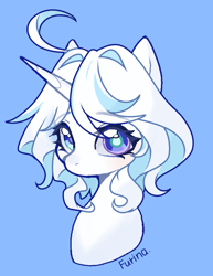 Size: 1176x1521 | Tagged: safe, artist:xinjinjumin0766616, derpibooru import, pony, unicorn, bust, female, furina (genshin impact), genshin impact, horn, light blue background, mare, ponified, portrait, simple background, solo, species swap, text