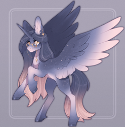 Size: 1300x1316 | Tagged: safe, artist:sararini, derpibooru import, oc, oc only, oc:sunlight dawn, alicorn, pony, alicorn oc, commission, female, glasses, horn, mare, solo, spread wings, wings