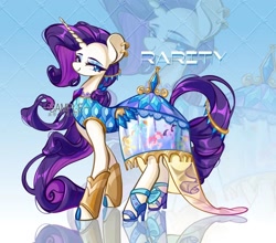 Size: 1226x1080 | Tagged: safe, artist:xinjinjumin172779558900, derpibooru import, rarity, pony, unicorn, aside glance, clothes, dress, female, gradient background, horn, jewelry, looking at you, mare, reflection, sample, smiling, solo, text, zoom layer