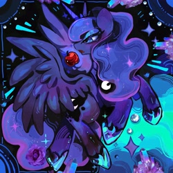 Size: 4096x4096 | Tagged: safe, artist:brucebrandon, artist:jojofassbender, derpibooru import, princess luna, alicorn, pony, abstract background, apple, crown, female, flying, food, frown, jewelry, mare, open mouth, regalia, solo, spread wings, wings