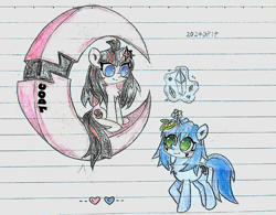 Size: 2449x1908 | Tagged: safe, artist:肝到驾崩, derpibooru exclusive, derpibooru import, pony, unicorn, aotu world, crossover, duo, duo female, female, lined paper, looking at each other, ponified, species swap, traditional art