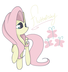 Size: 3952x4201 | Tagged: safe, artist:tkshoelace, derpibooru import, fluttershy, butterfly, pegasus, pony, g4, female, fluttershy's cutie mark, folded wings, simple background, solo, text, white background, wings