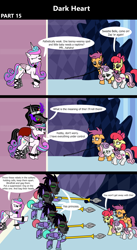 Size: 1920x3516 | Tagged: safe, artist:platinumdrop, derpibooru import, apple bloom, king sombra, princess flurry heart, scootaloo, sweetie belle, alicorn, crystal pony, earth pony, pegasus, pony, unicorn, comic:dark heart, g4, 3 panel comic, abuse, alternate timeline, angry, applebuse, armor, attempted assassination, book, chains, collar, comic, commission, crystal, crystal castle, crystal empire, curved horn, cutie mark crusaders, dark crystal, dialogue, diary, evil flurry heart, eyes closed, female, flurry heart is amused, folded wings, glowing, glowing eyes, glowing horn, guard, helmet, horn, husband and wife, indoors, insult, laughing, looking at each other, looking at someone, magic, magic aura, male, mare, married couple, mask, mind control, older, older apple bloom, older cmc, older flurry heart, older scootaloo, older sweetie belle, scootabuse, ship:flurrybra, shipping, slave, slave collar, snuggling, sombra soldier, spear, speech bubble, spiked collar, spiked wristband, stallion, straight, sweetiebuse, throne, throne room, tired, victorious villain, wall of tags, weapon, wings, wristband