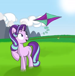 Size: 2480x2508 | Tagged: artist needed, source needed, safe, derpibooru import, starlight glimmer, pony, unicorn, cloud, female, grass, horn, kite, kite flying, mare, mountain, mountain range, solo, sun