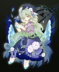 Size: 1840x2236 | Tagged: safe, artist:xinjinjumin461028308191, derpibooru import, oc, oc only, bird, butterfly, semi-anthro, female, full body, green mane, mare, sample, solo