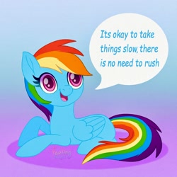 Size: 1500x1500 | Tagged: safe, artist:faelingmagic, derpibooru import, rainbow dash, pegasus, pony, g4, female, gradient background, mare, open mouth, positive message, positive ponies, solo, speech bubble